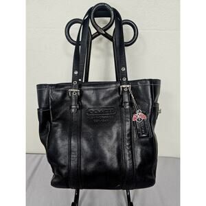 Coach Black Leather Double Strap Zipper Tote Shoulder Bag #8E92